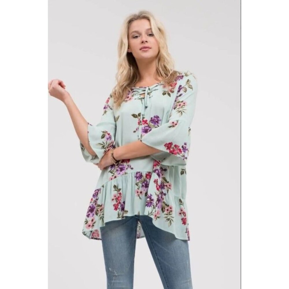 Blu Pepper Floral Tunic Top W/ Lace-Up Neckline & Ruffle Hem Light Blue Medium